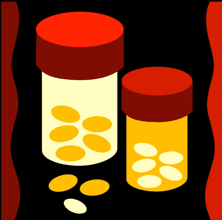 graphic of pills in bottles with red caps, a few pills are outside of the bottles