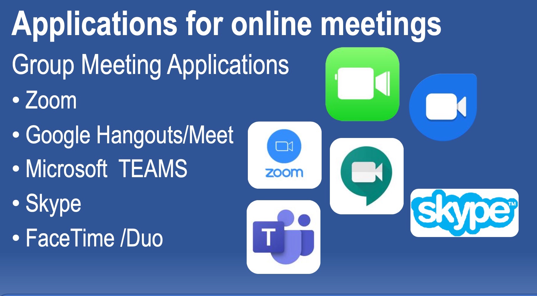 Applications for Online Meetings, and a variety of options with their icons