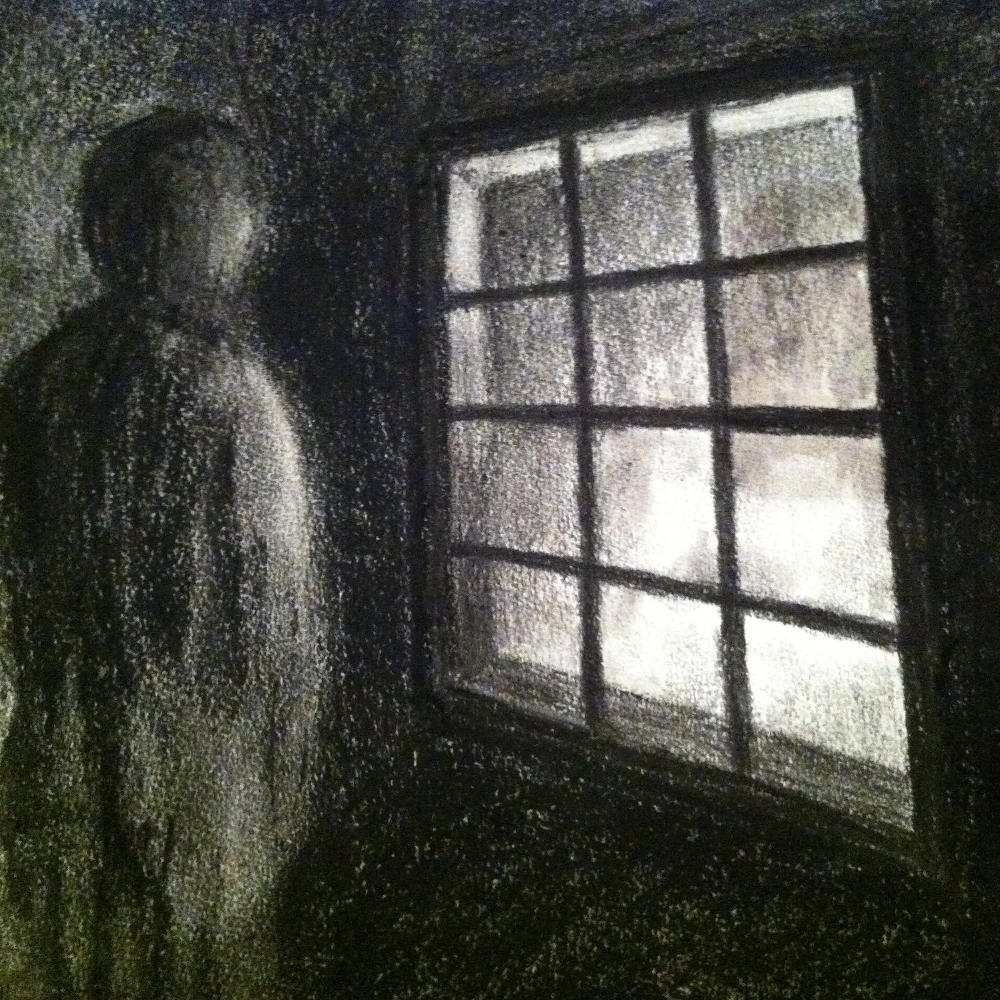 drawing of a figure in a dark room looking out through a multi-paned window