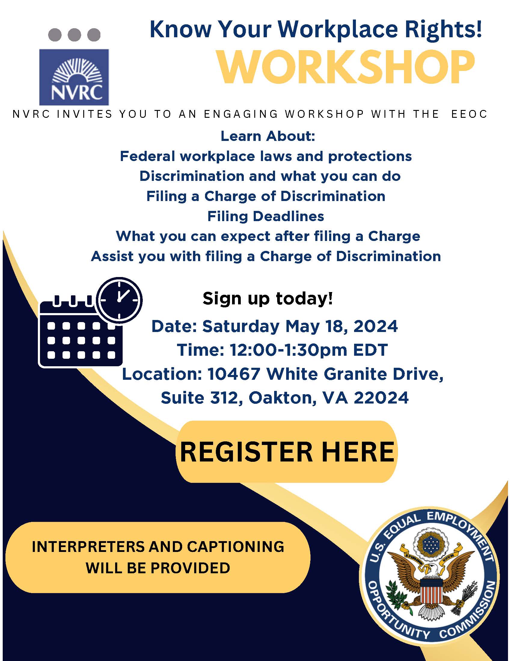 flyer for the Know Your Workplace Rights! Workshop hosted by NVRC and EEOC on May 18, 12 PM to 1:30 PM