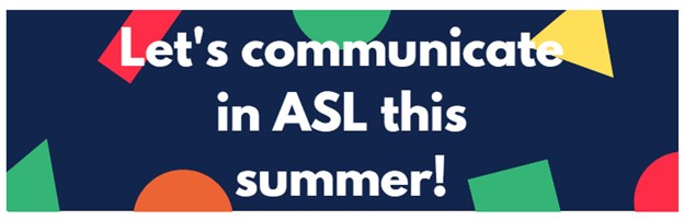 graphic for the Deaf Seniors Stay Connected Online Chats for Summer 2024. White text on dark blue background with red, green, yellow and red shapes