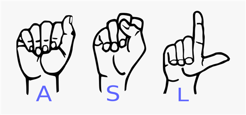 Black and white drawing of the American Sign Language letters "A" "S" "L" with corresponding English letter written below