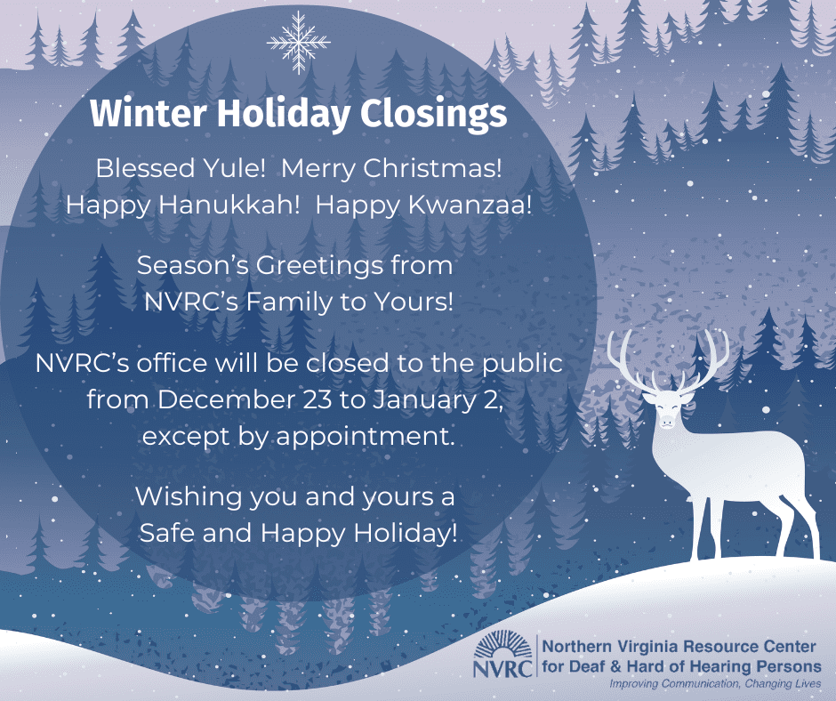 graphic of a blue forest and white snow with a white stag in the foreground. white text on a blue background lists NVRC's office closings for the winter holidays 2024/2025